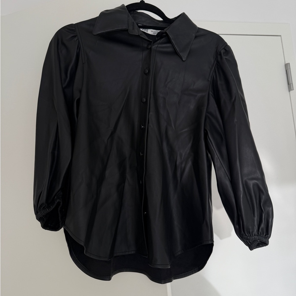 Zara Black Faux Leather Button-Up Shirt